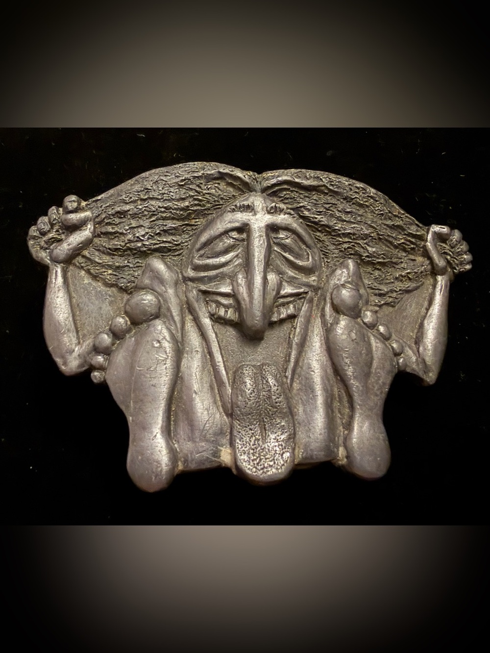 Vintage 1989 Arroyo Grande Pewter Belt Buckle Mind Your Head Illusion